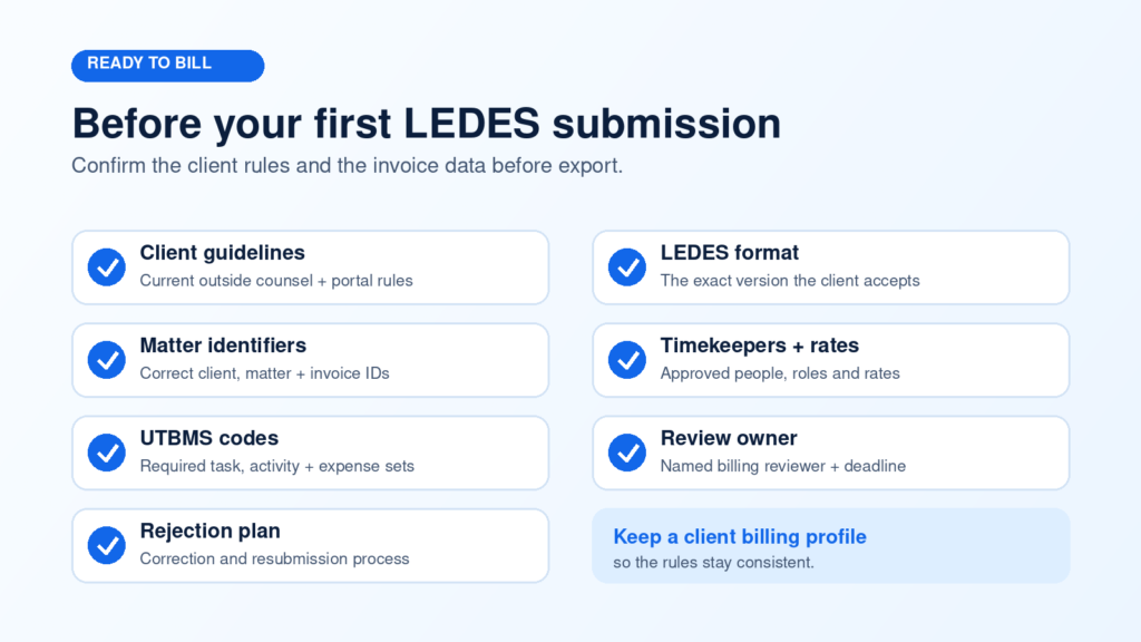 Seven-item LEDES billing readiness checklist for law firms