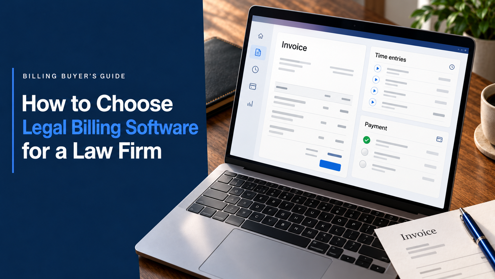 Legal billing software buyer’s guide with an illustrated laptop showing invoices, time entries and payments